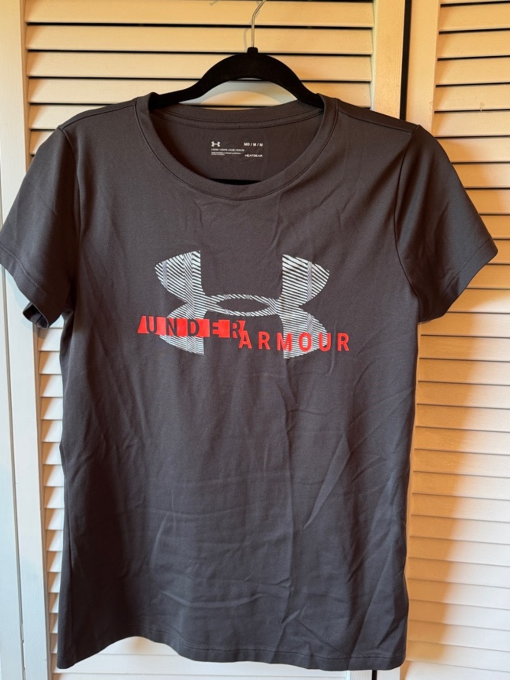 Under Armour Women's Black Short Sleeve Tee with White & Red Logo